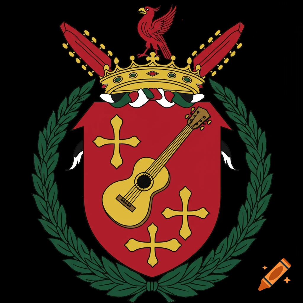 A coat of arms featuring a red shield with a yellow guitar and crosses, topped by a crown and bird, framed by leaves.