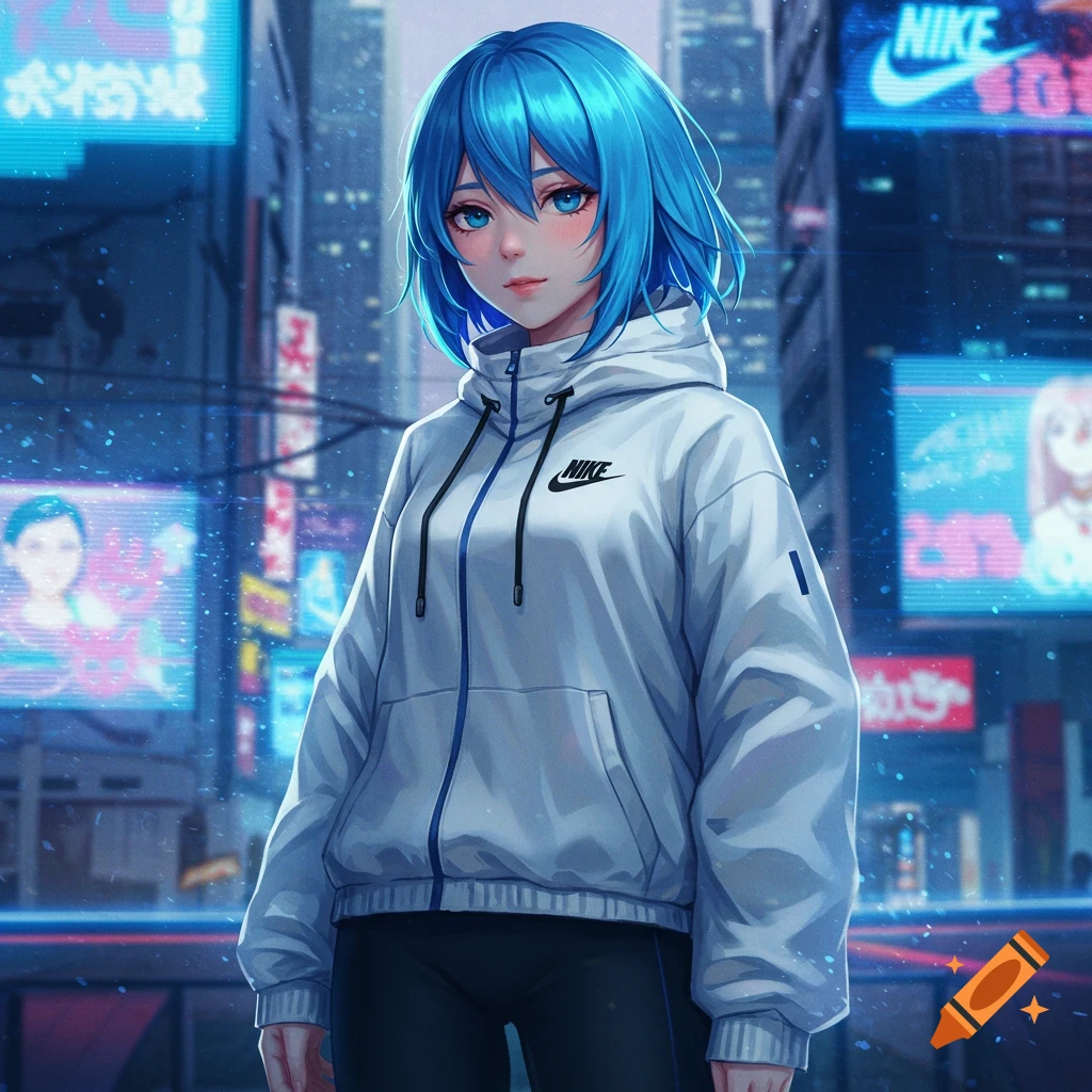 An anime girl with blue hair and a white Nike hoodie stands in a futuristic neon city.