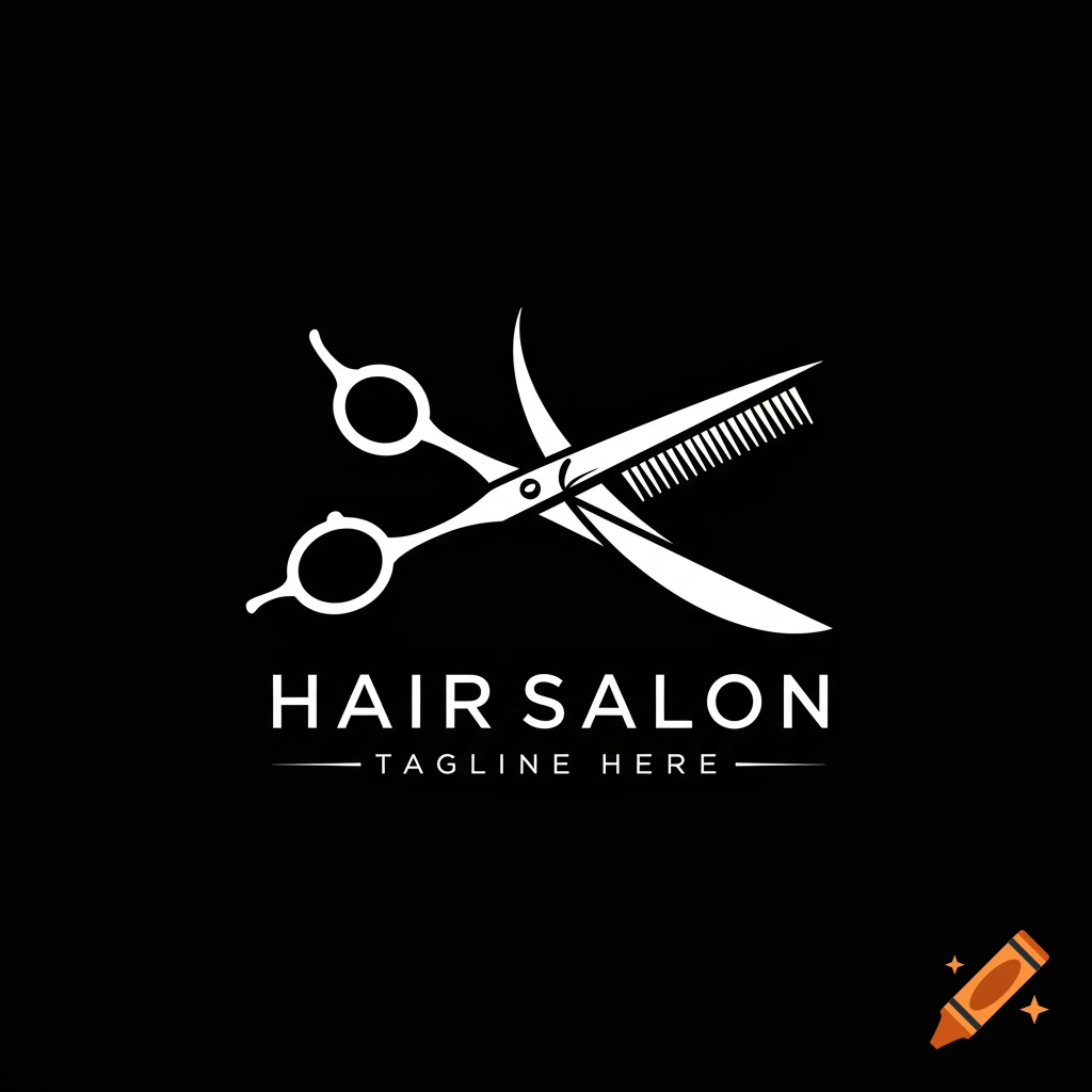 White logo of scissors and a comb above the text 'HAIR SALON' and 'TAGLINE HERE' on a black background.