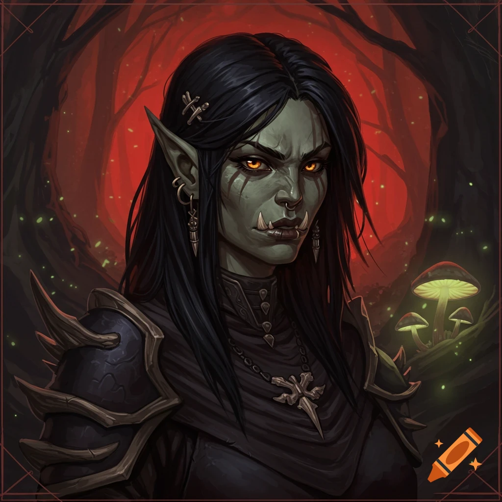 A female orc with amber eyes, short tusks, and black hair in a dark forest.