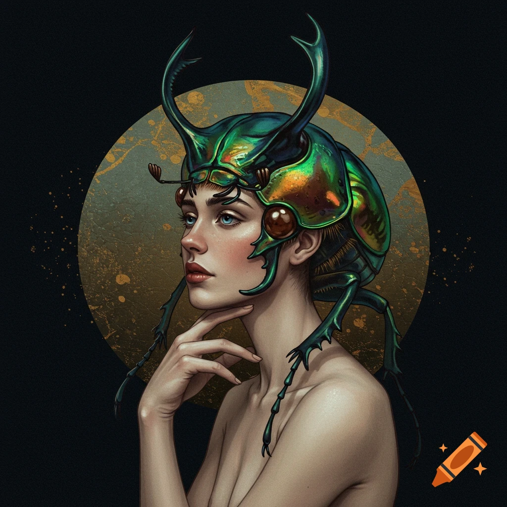 A woman wearing a large, iridescent green beetle helmet.