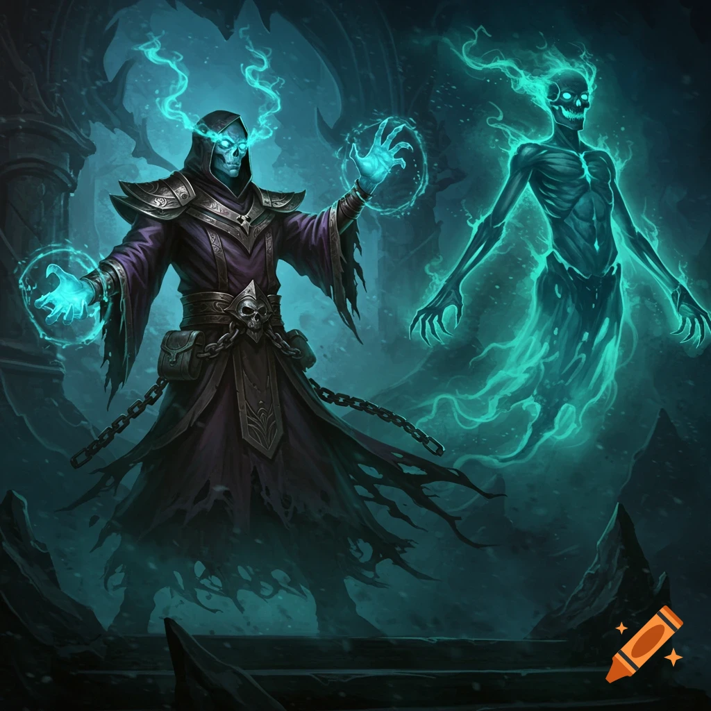 A spectral necromancer summons a glowing wraith in a dark ruin.