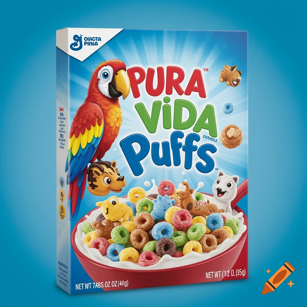 A colorful cereal box for Pura Vida Puffs featuring a cartoon parrot mascot, animal-shaped marshmallows, and O-shaped cereal rings.