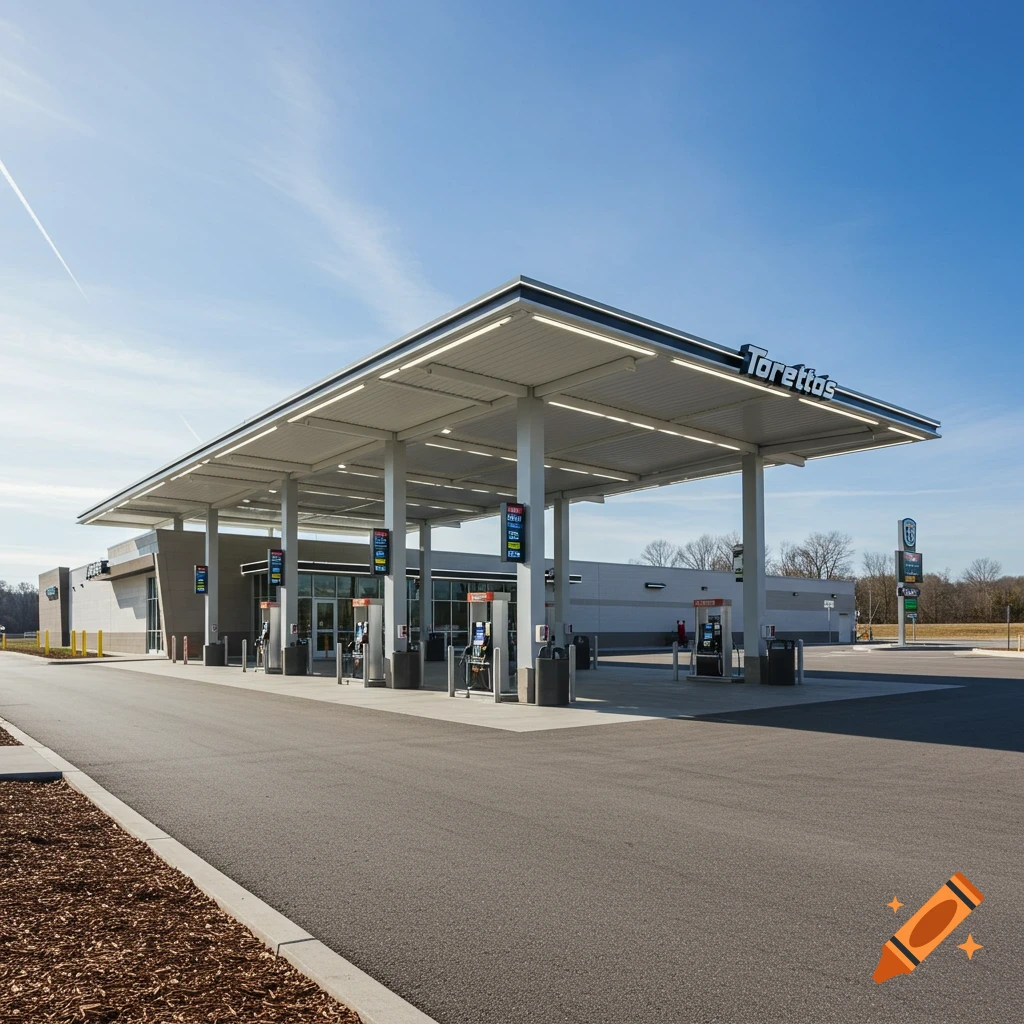 Photorealistic image of a modern gas station facility with a large canopy under a clear blue sky.