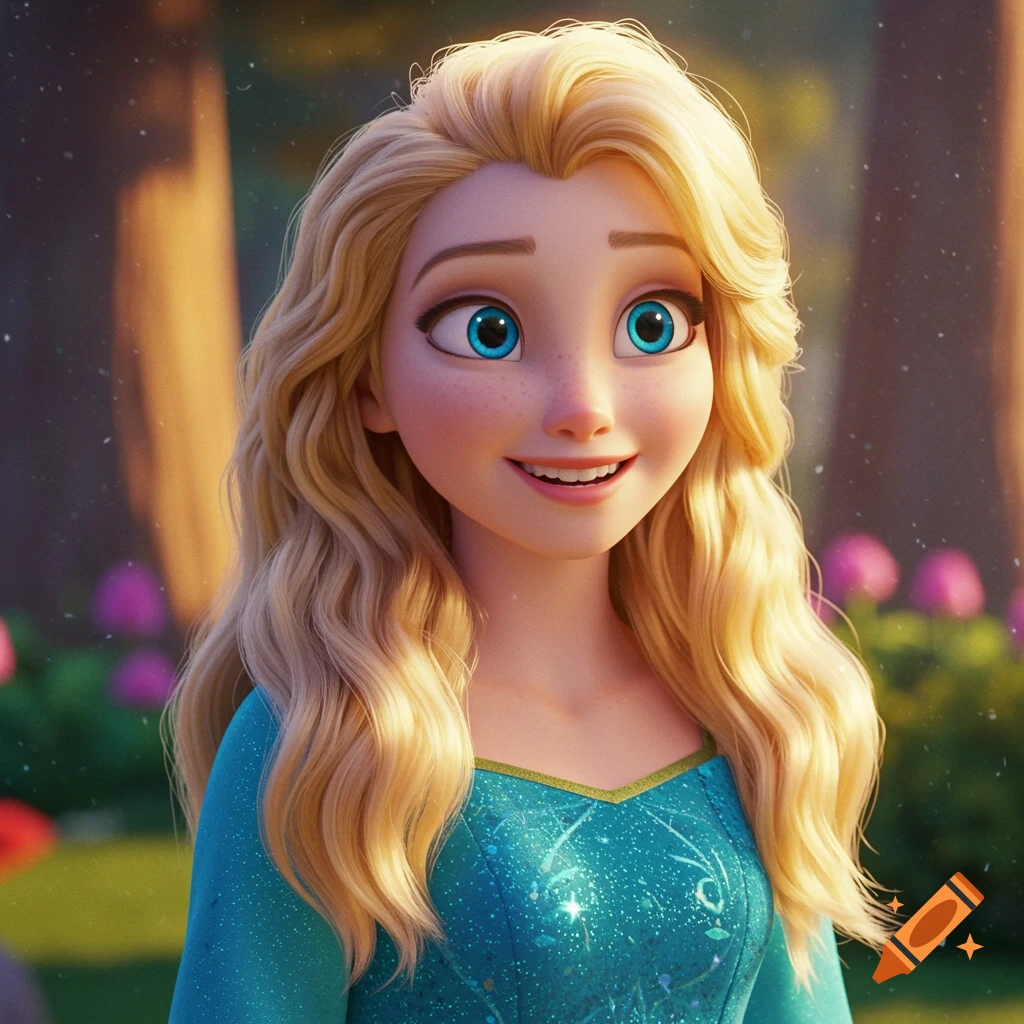 Close-up portrait of a smiling blonde animated girl with blue eyes in a sparkly blue dress, outdoors in a forest.