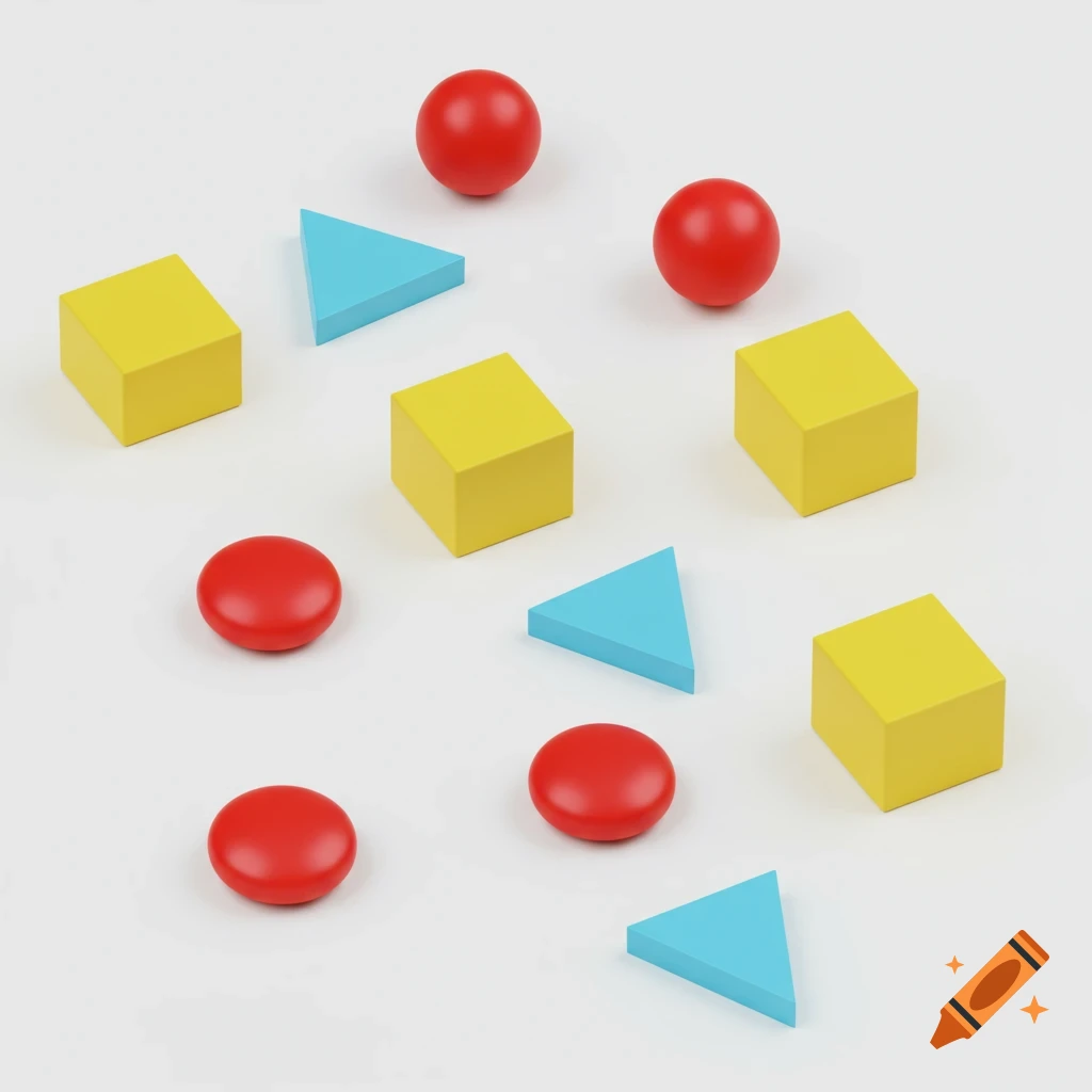 Red spheres, yellow cubes, and blue triangles scattered on a white background