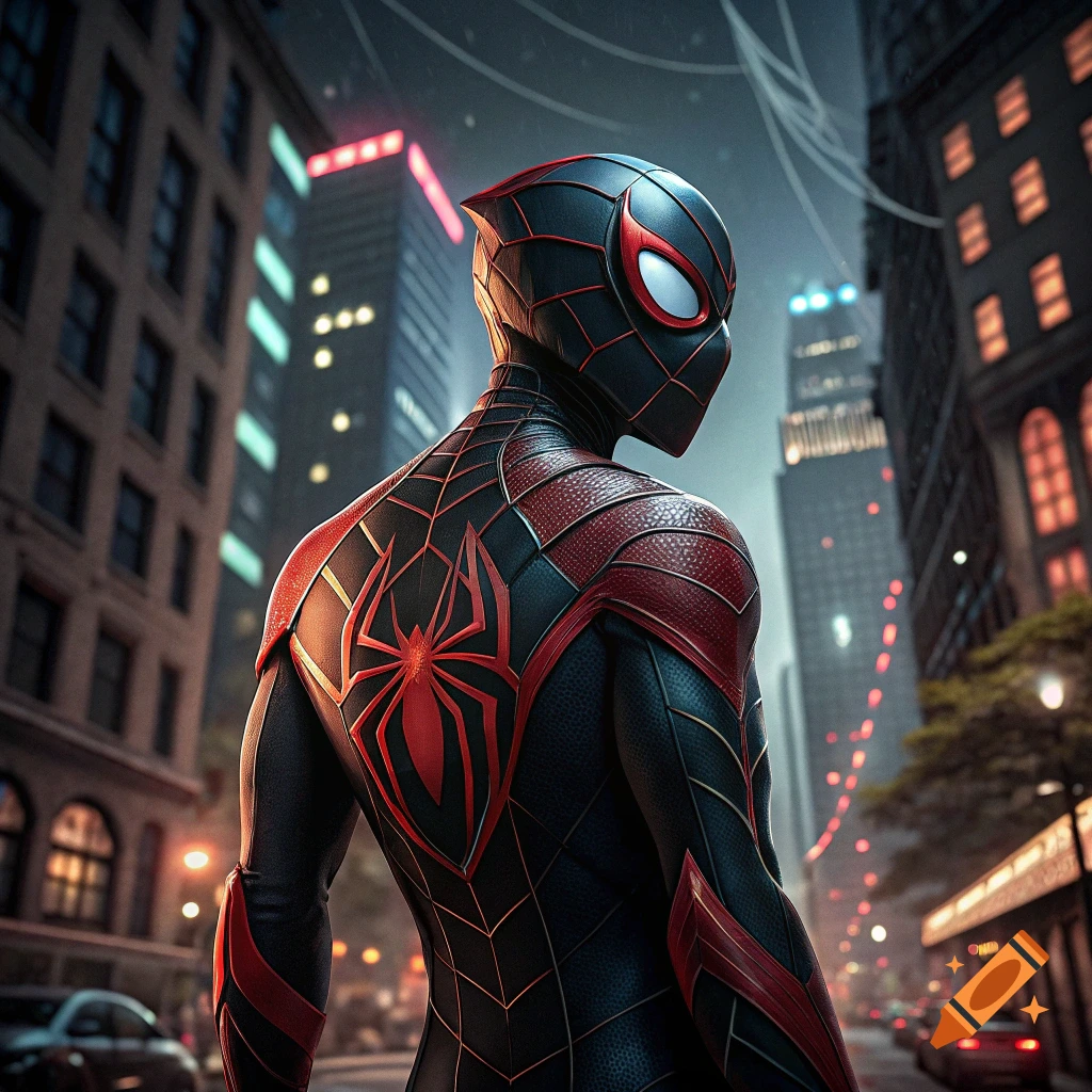 Miles Morales in his black and red suit stands in a rainy city street at night, looking over his shoulder.