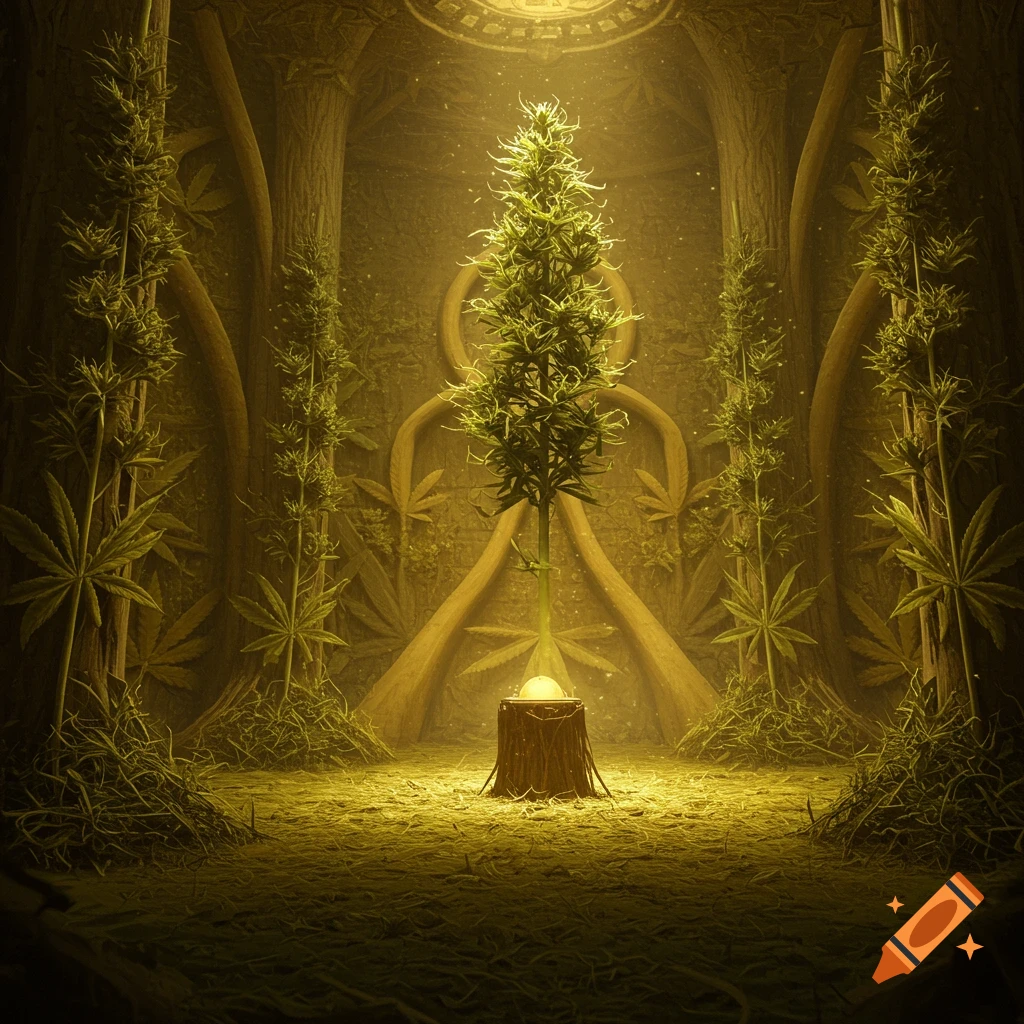A glowing hemp plant is in a chamber surrounded by roots and leaves.