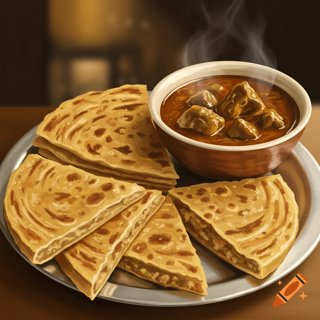 parathas and goat curry on a plate.