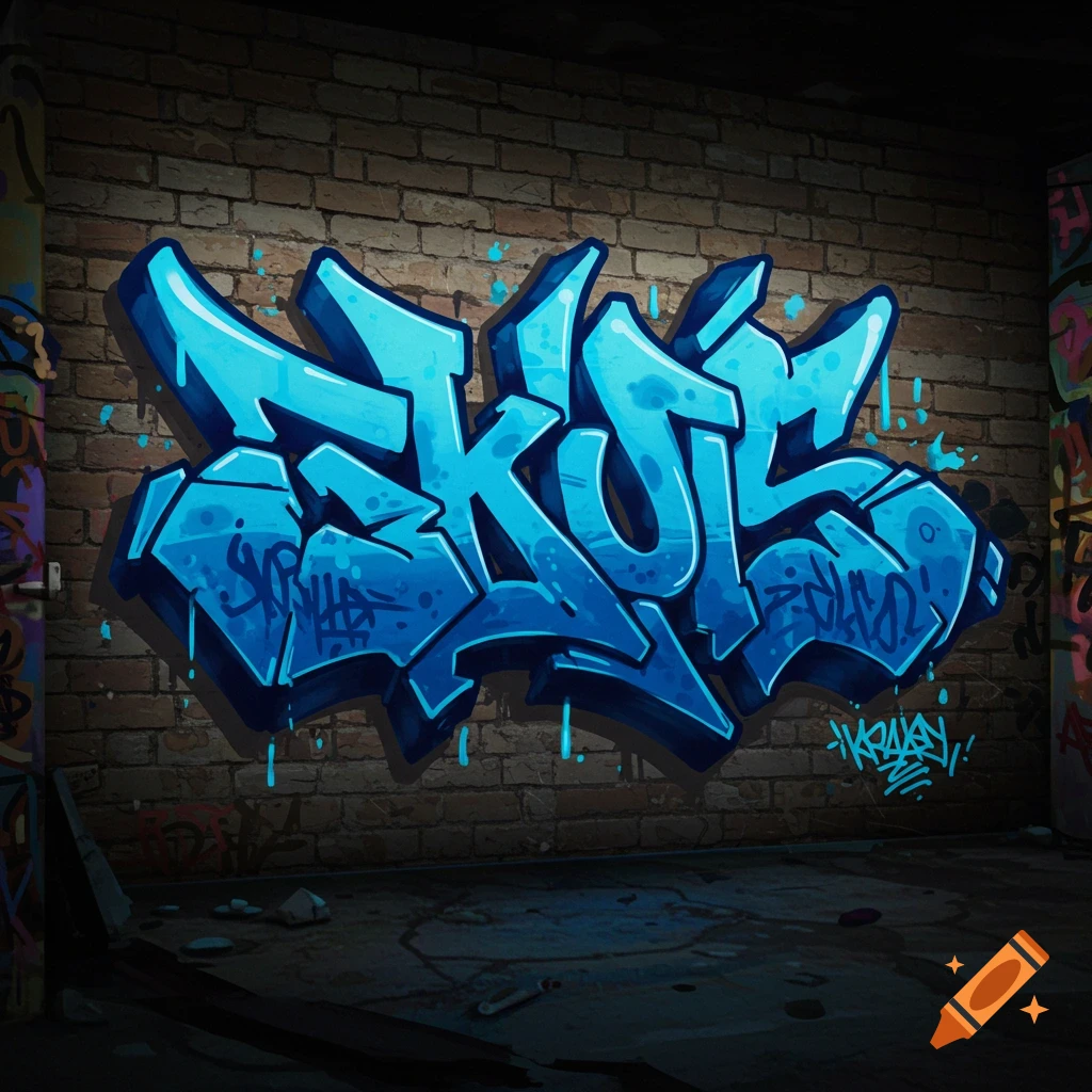 Blue graffiti tag saying SKUL on a brick wall.