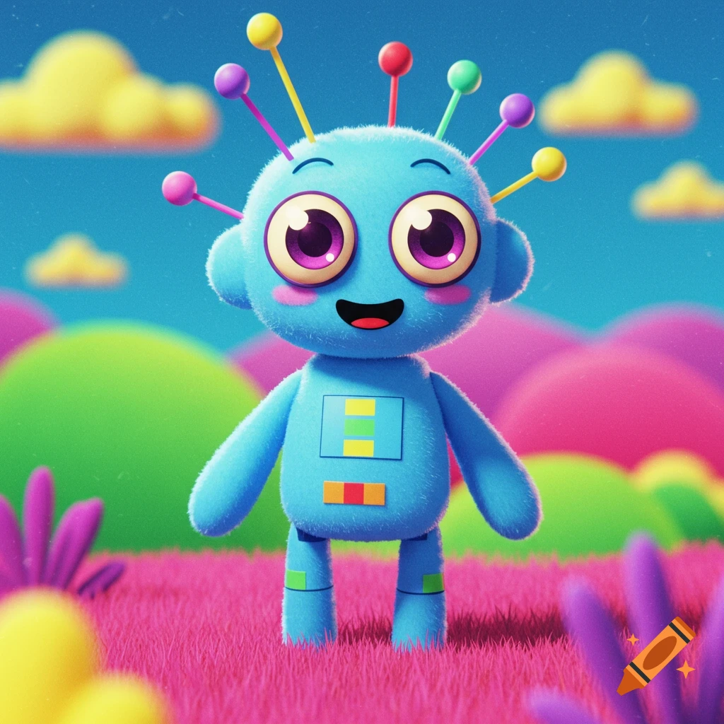 A fluffy blue cartoon robot character in a colorful, vibrant fantasy landscape.
