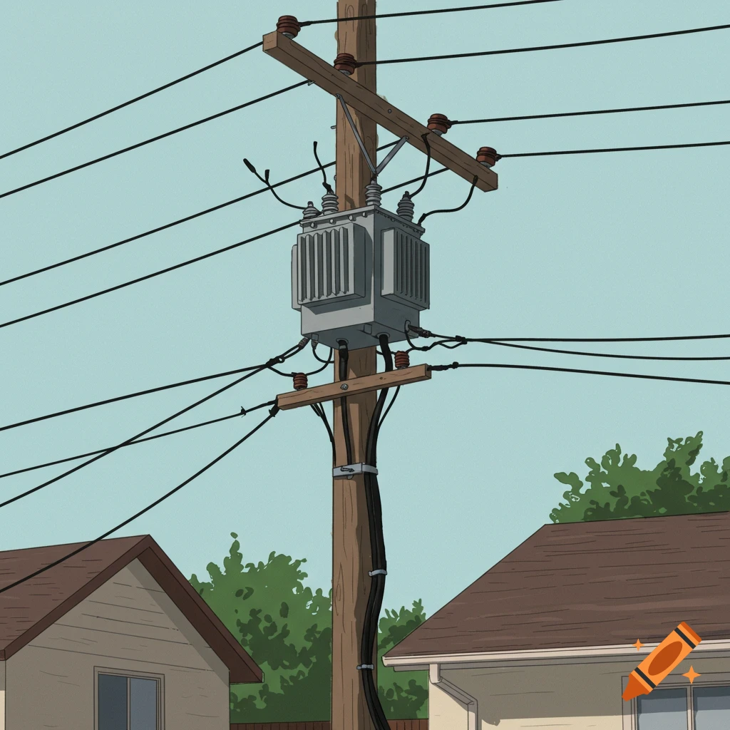 An electrical pole with a transformer and wires in a suburban neighborhood with houses.