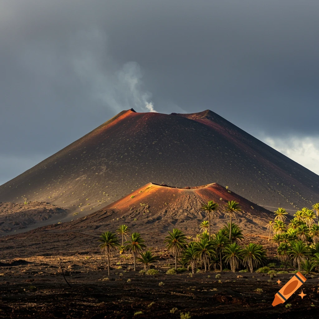 Dramatic photo of a dark volcano with glowing crater, steam, and palm trees under a stormy sky.