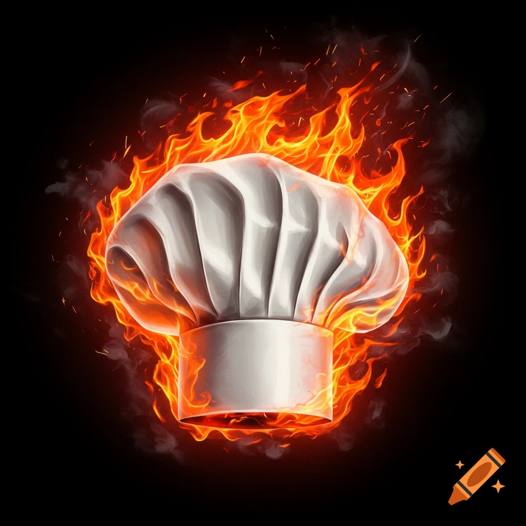 A white chef's hat surrounded by orange flames against a black background.
