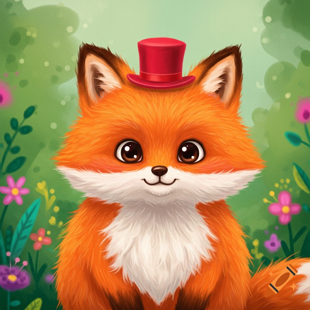 Cute illustration of a fox wearing a red top hat in a garden with flowers.