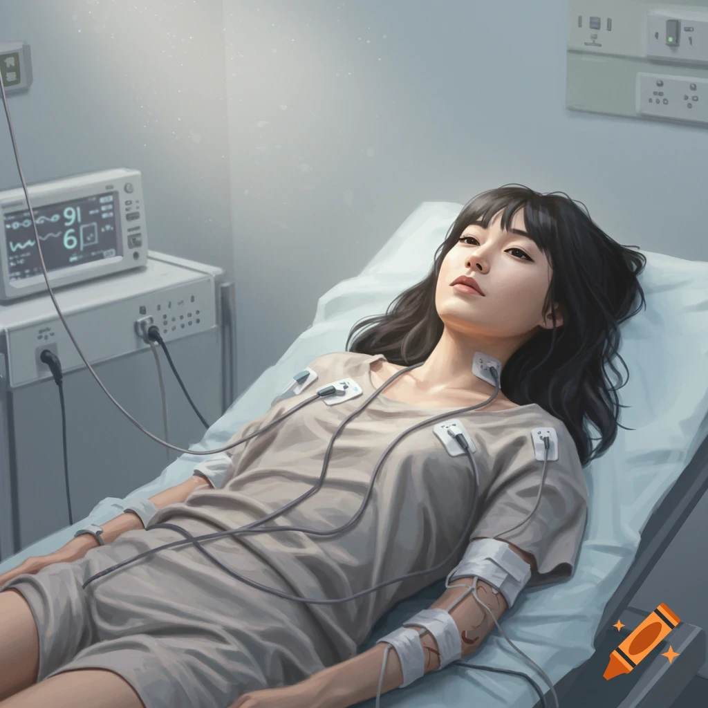 A young woman lying on a medical bed connected to sensors.