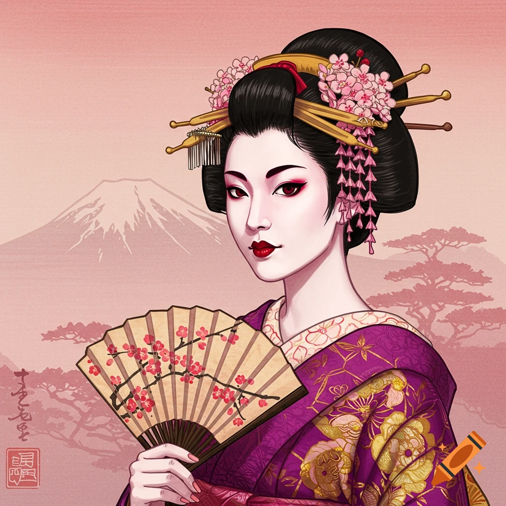 A geisha in a purple kimono holding a fan with Mt. Fuji in the background.