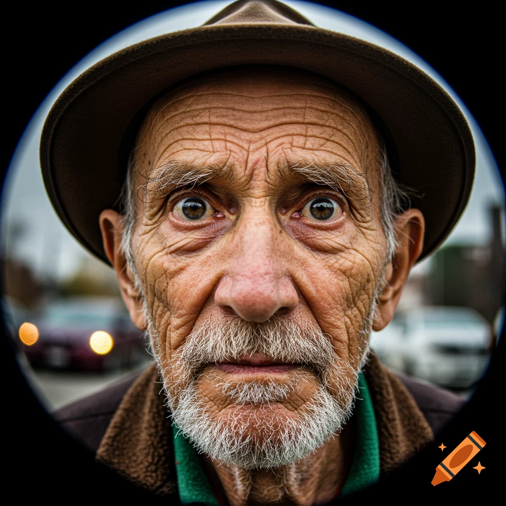 Close-up fisheye portrait of an old man in a hat with textured skin, wrinkles, white beard, and wide eyes.