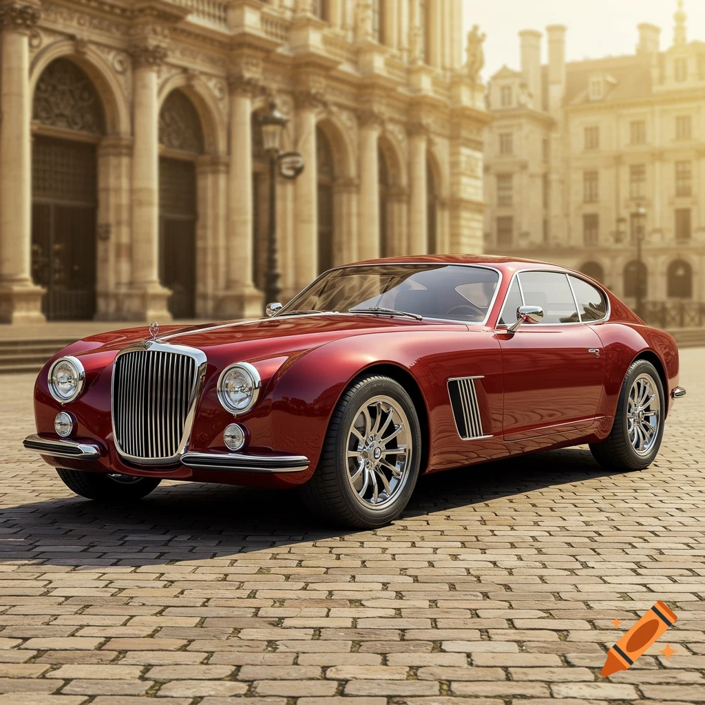 A red vintage sports car parked on a cobblestone street in front of a grand building.