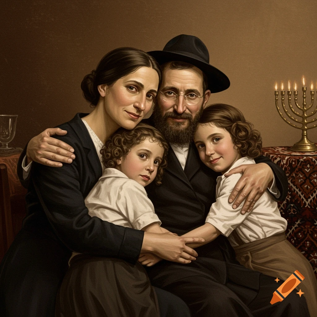 Vintage-style portrait of a Jewish family with two children and a menorah in the background.