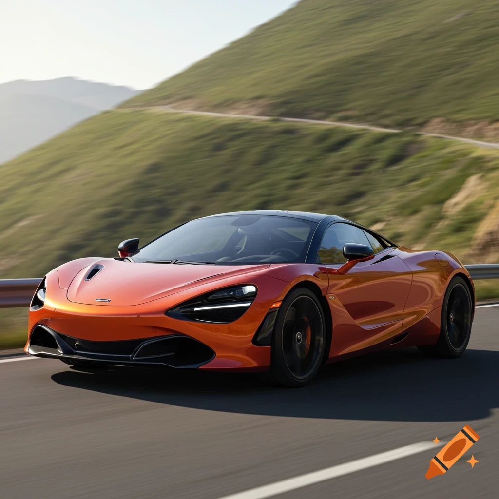 An orange McLaren sports car drives on a road with mountains in the background.