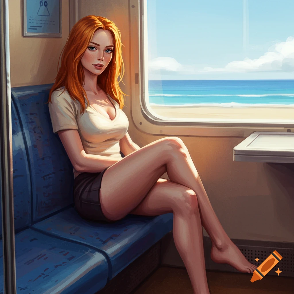A redhead woman sits on a train, looking towards the camera with a beach view outside the window.