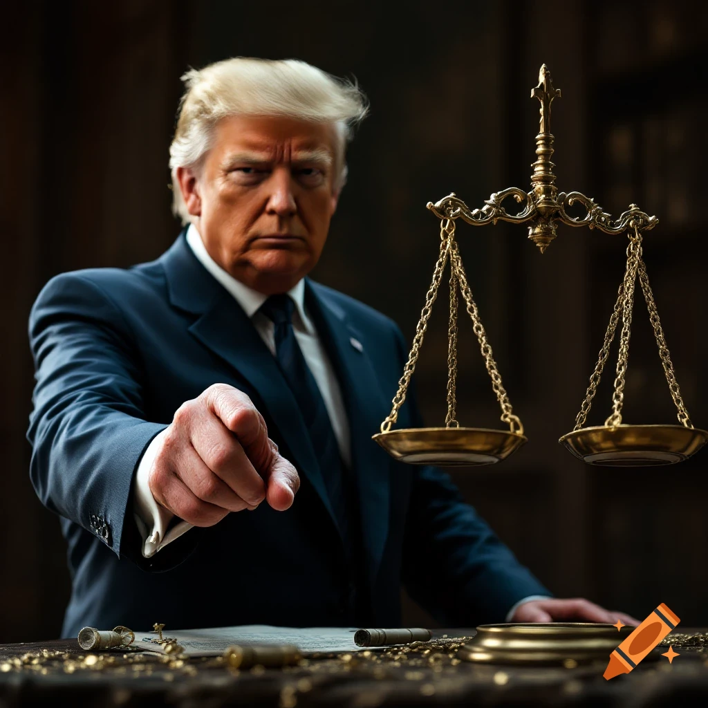 Donald Trump in a suit points forward, standing next to a scale of justice.