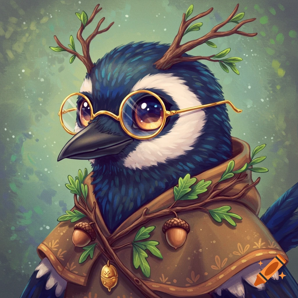 A magpie wears glasses and a druid outfit with branches and acorns.