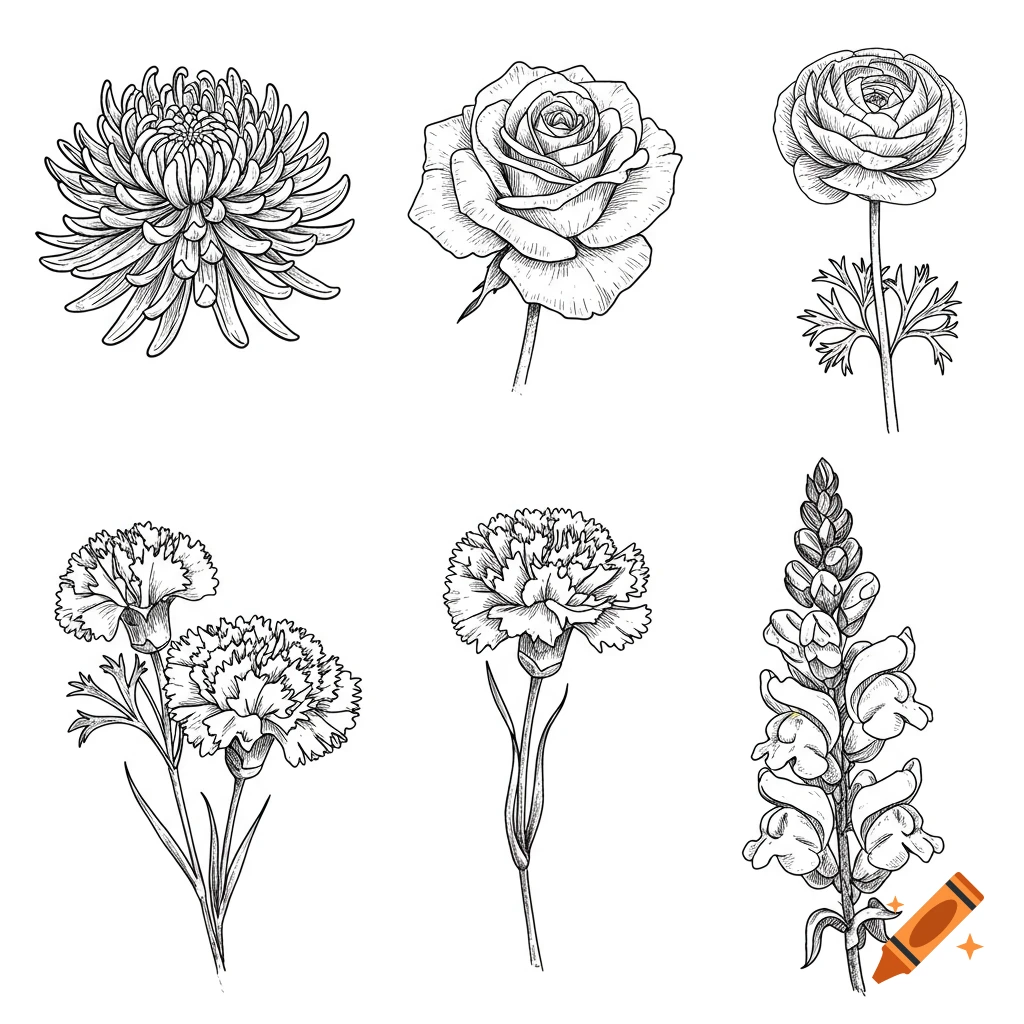 Black and white line drawings of six different flowers.