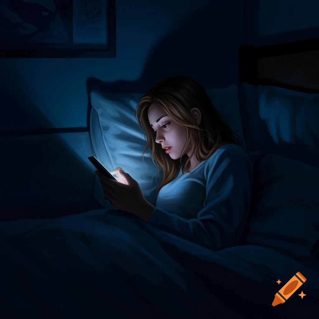 A woman in bed at night, lit by her phone.