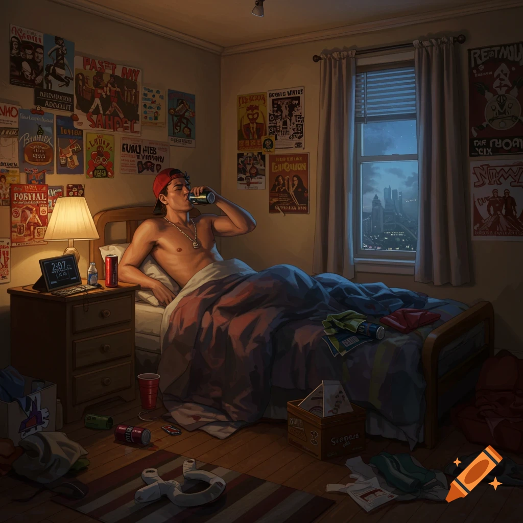 Illustration of a shirtless man in a red cap lying in a messy bedroom, drinking from a can at night. Posters cover the walls.
