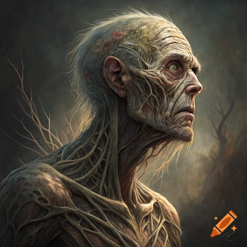 A side profile oil painting of an elderly humanoid creature made of filaments and roots, against a dark, moody background.