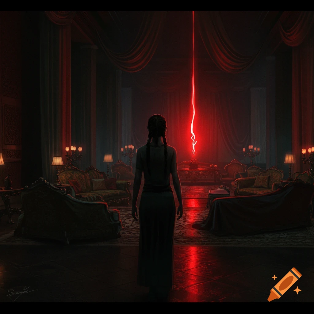 A figure in a lavish, dark room is looking at a glowing red beam.
