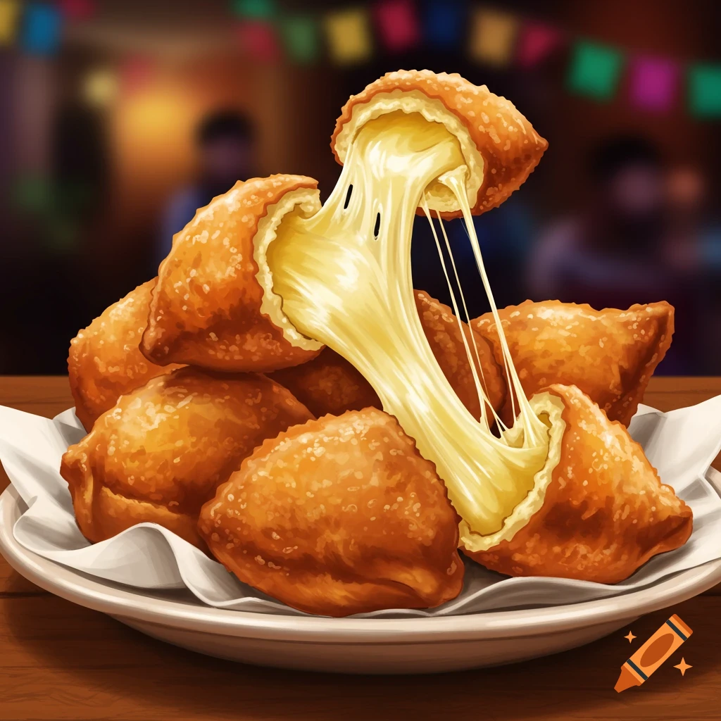 Fried pastries with stretching cheese on a plate