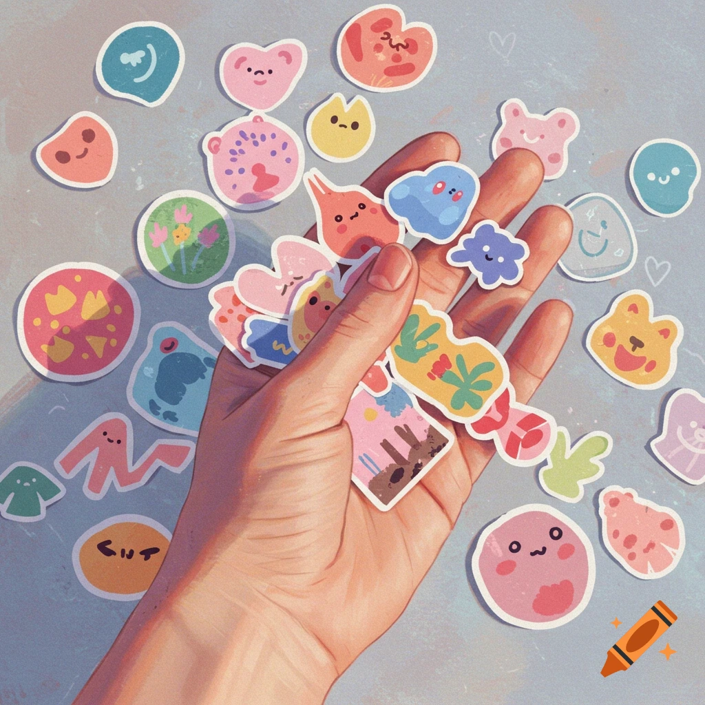 A hand holding colorful die-cut stickers.