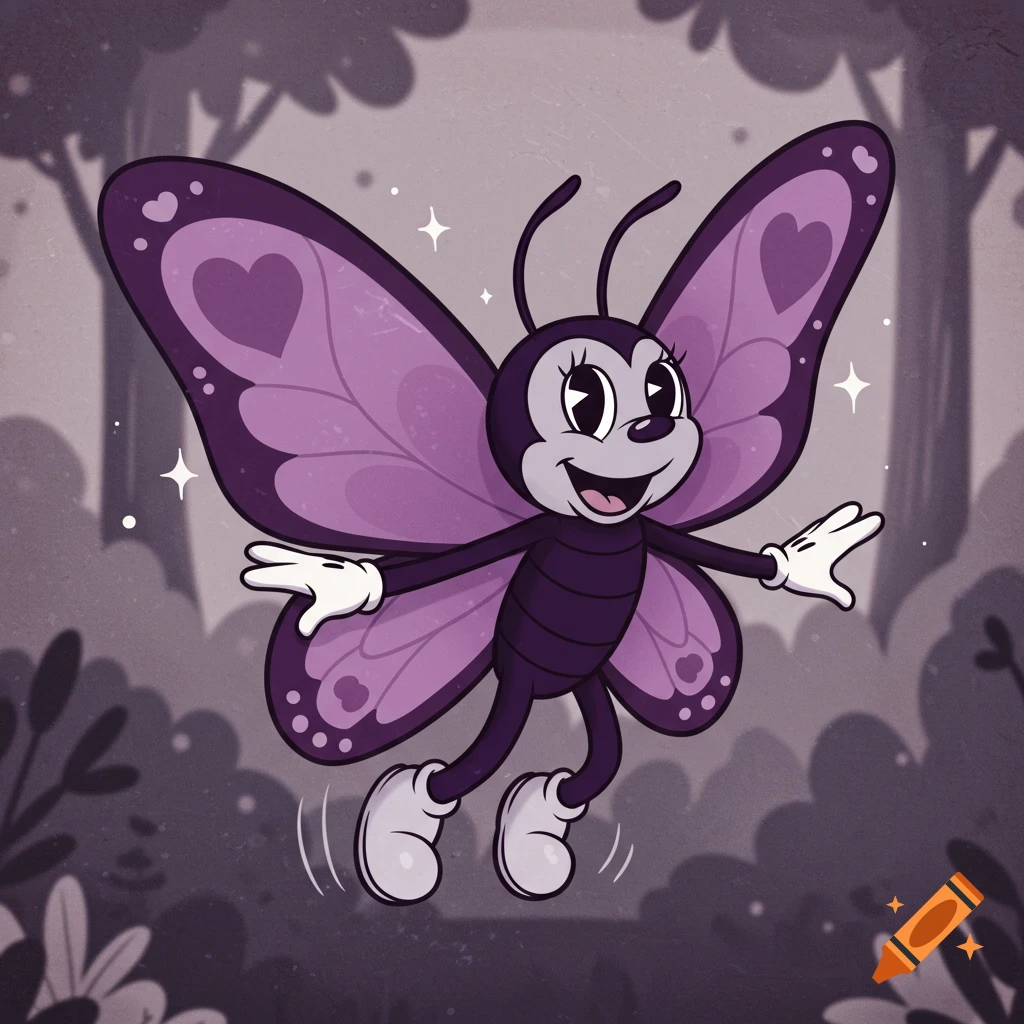 A purple vintage cartoon butterfly with large wings floats in a forest.