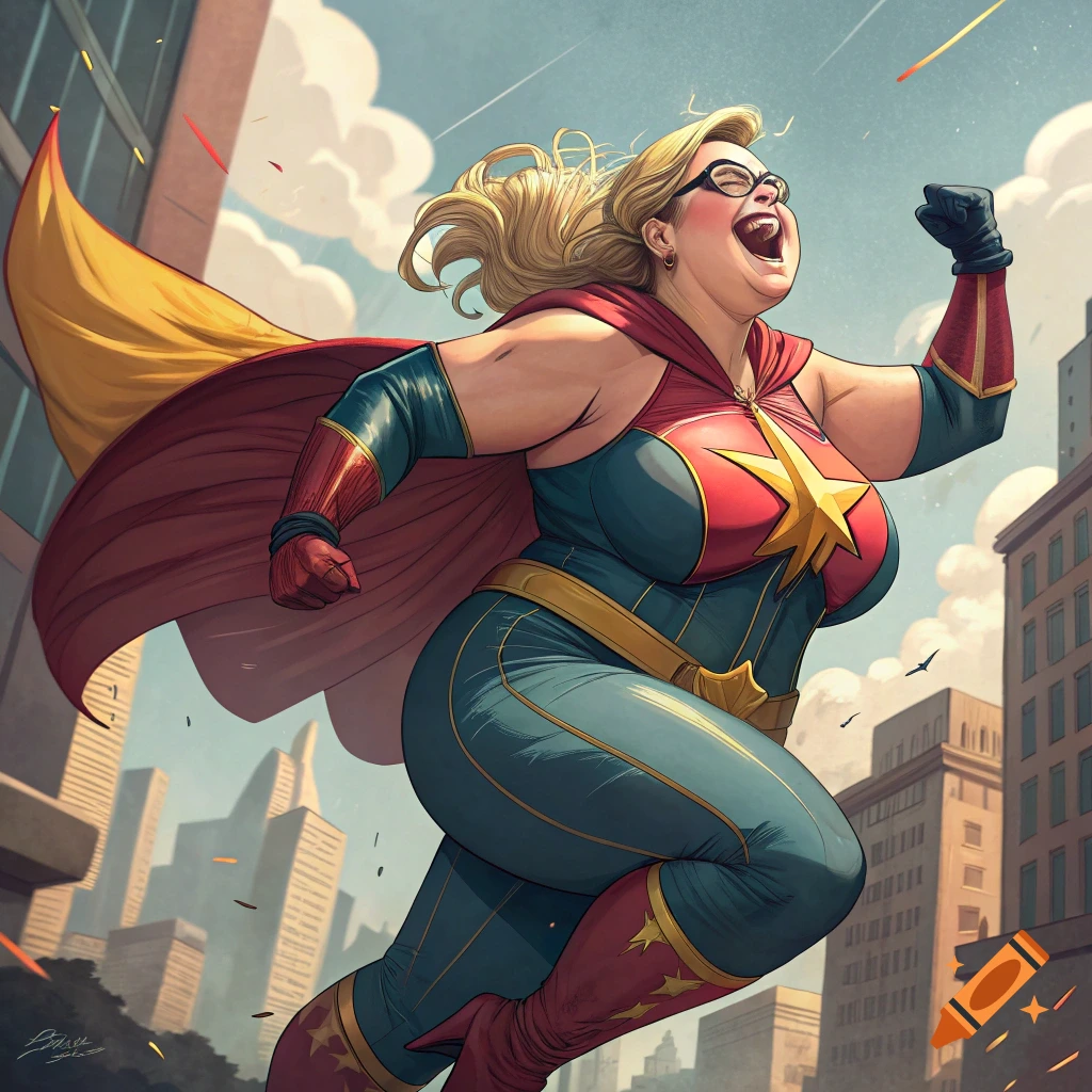 A plus-size superheroine in a red and blue costume flying over a city.