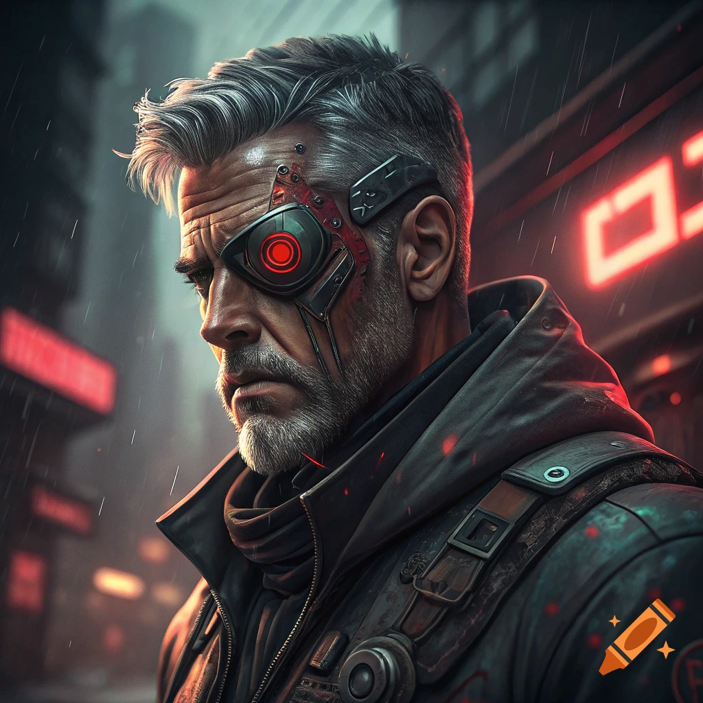 Portrait of a man with a red cybernetic eye in a rainy cyberpunk city