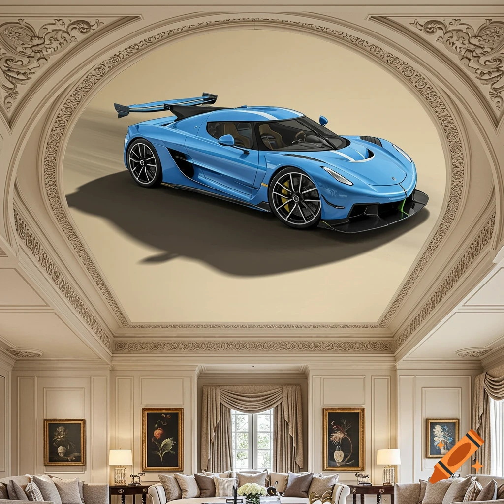 A blue Koenigsegg Jesko sports car is depicted on the ornate ceiling of a luxurious room.