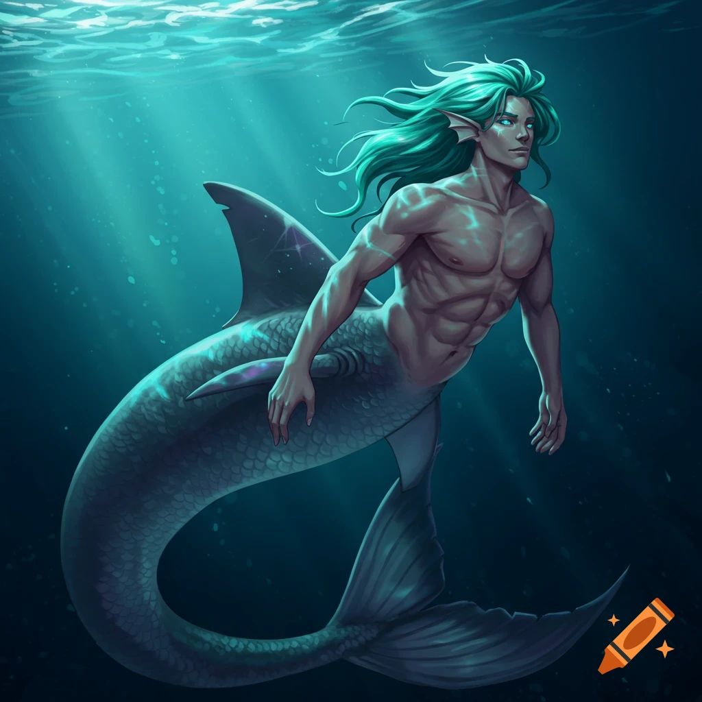 A merman with green hair and a shark tail swims underwater.