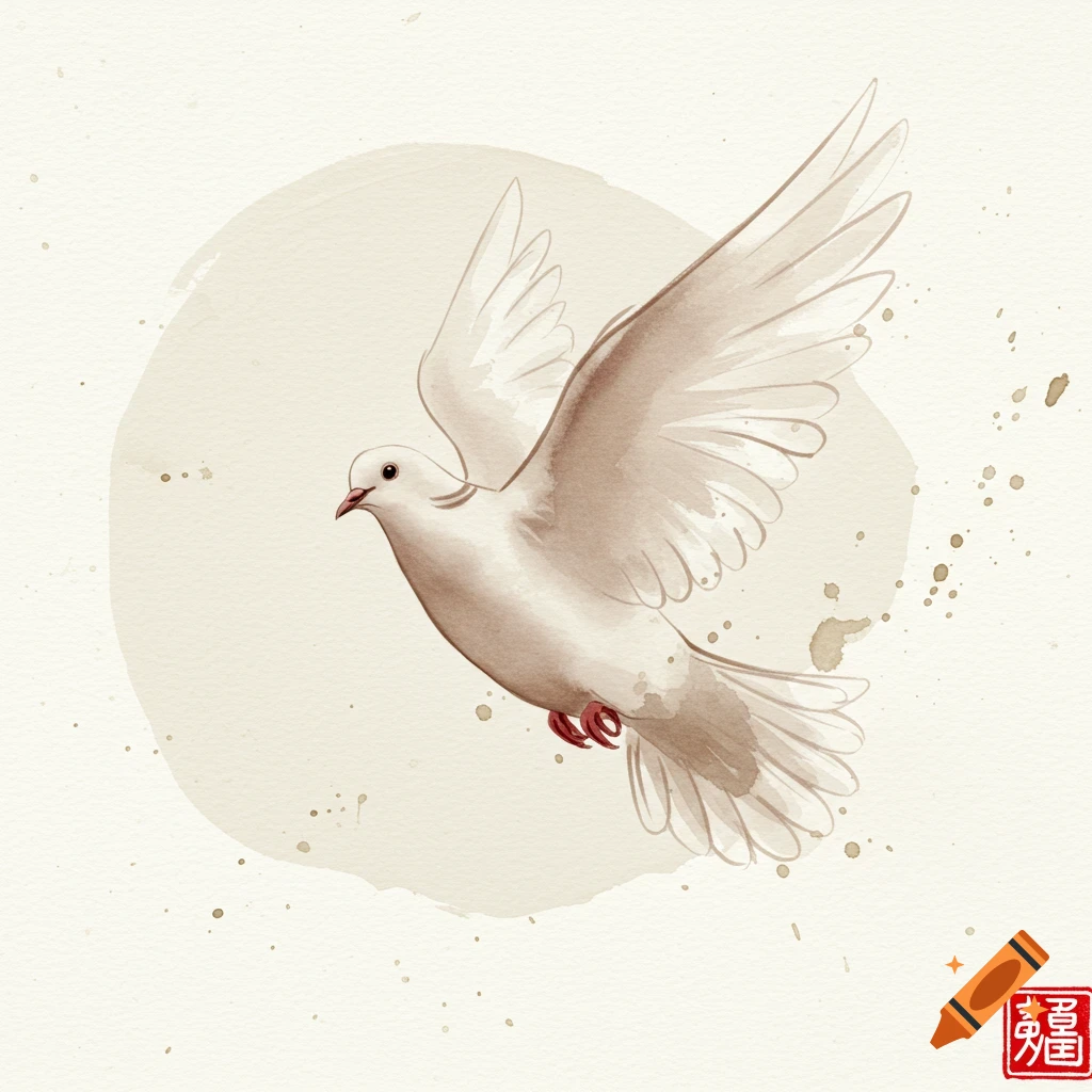 White dove flying in watercolor style with ink splatters.
