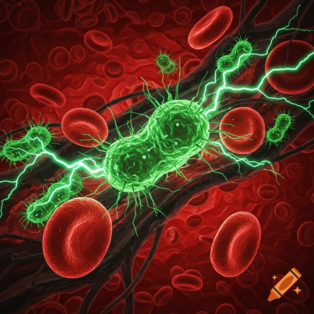 Green bacteria, red blood cells, and green electrical arcs in a blood vessel