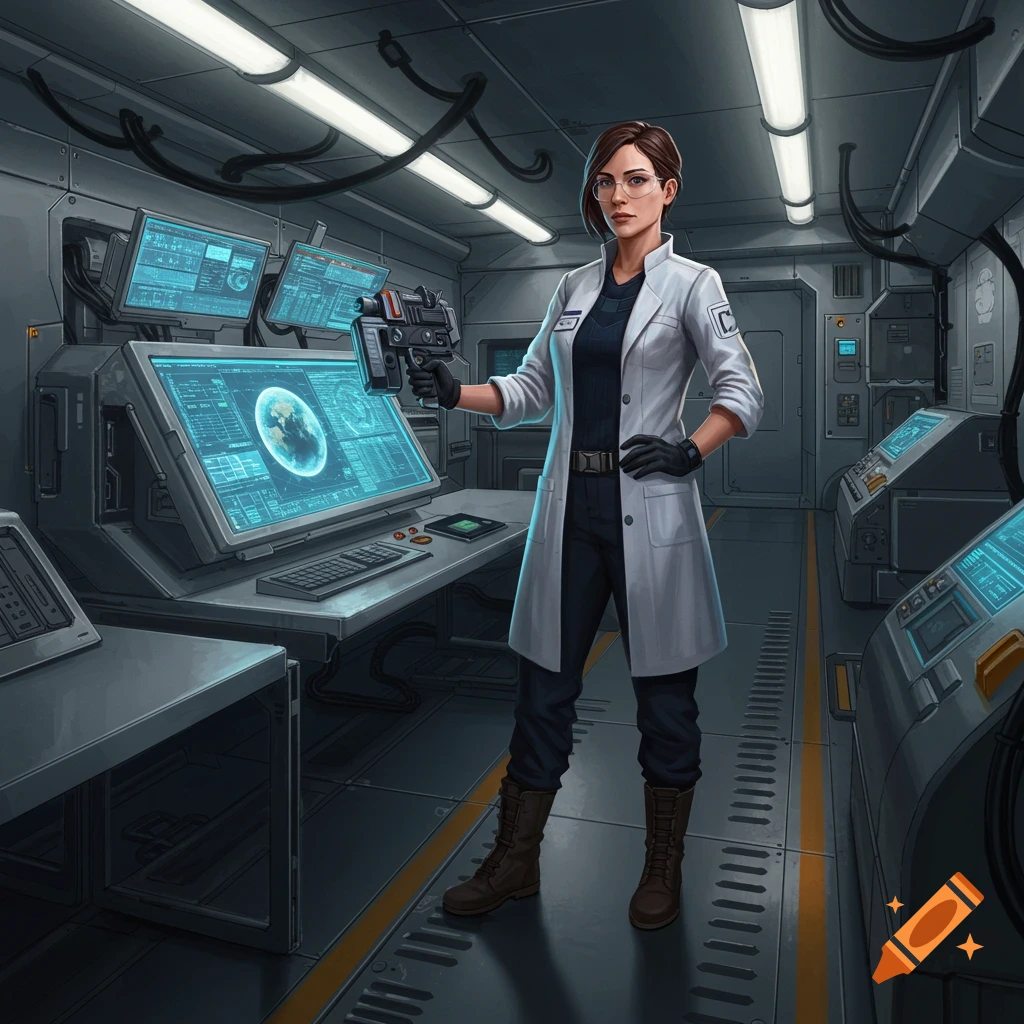 A female scientist holds a futuristic weapon in a high-tech lab.