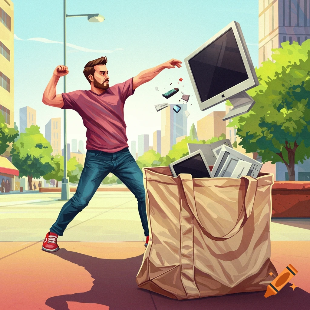 A man is shown throwing a monitor into a bag of old electronics