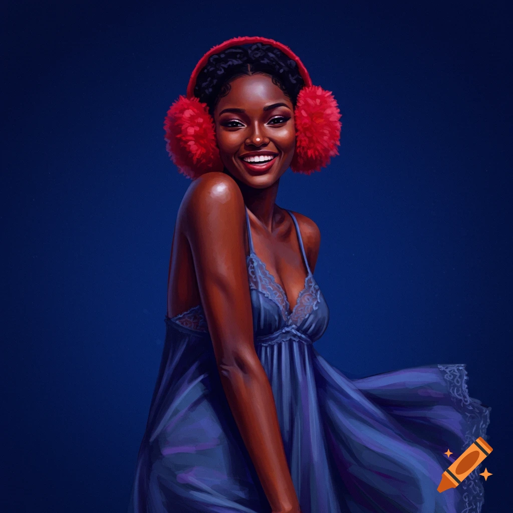 A Black woman in a blue nightgown and red fuzzy earmuffs is smiling.