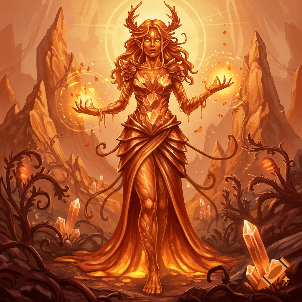 A golden fantasy character with antlers holds magic in a rocky landscape.