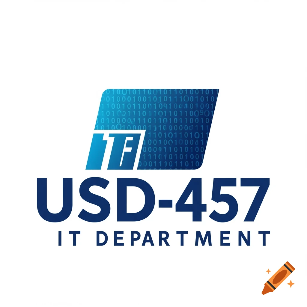 Logo for the USD-457 IT Department with initials TF and binary code background.