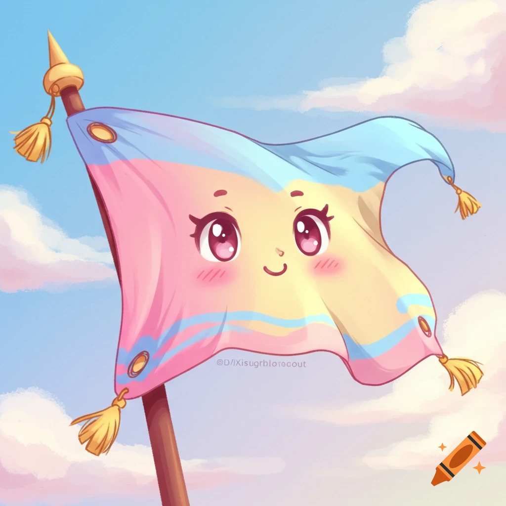A cute pink, blue, and white striped flag with a smiling face and large eyes floats in a cloudy sky.