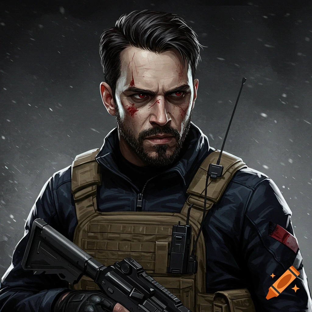 A tactical character with blood splatters, red eyes, beard, and tactical gear holding a rifle.