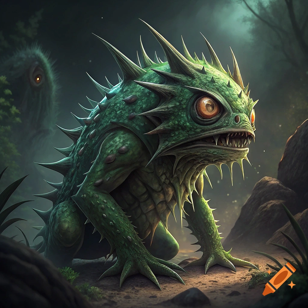 A green spiny creature with large orange eyes crouches in a dark forest, another creature looms in the background.